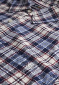Geruite flanellen shirt in tinten van blauw, wit en bordeauxrood. Voorzien van een button-down kraag en een geborduurd logo op de borst. Zachte textuur.