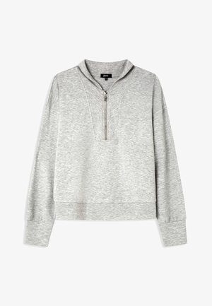 Sweatshirt gris avec un col zippé à un quart, fabriqué en tissu doux et texturé. Présente une coupe décontractée et des poignets côtelés pour plus de confort.