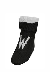 Calzino nero lavorato a maglia con il logo bianco "W", caratterizzato da un polsino grigio morbido. Il design presenta un motivo testurizzato sul corpo e un interno morbido e caldo.