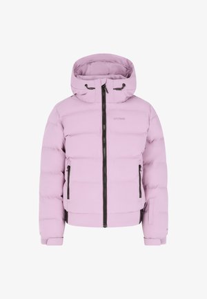 Licht paarse gewatteerde jas met een rits aan de voorkant, capuchon en met rits afgesloten zijzakken, ontworpen voor koud weer.