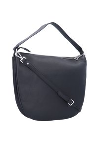 Sac à bandoulière en cuir noir avec une finition texturée, doté d'une fermeture éclair et d'une sangle réglable, quincaillerie en argent et une forme arrondie.