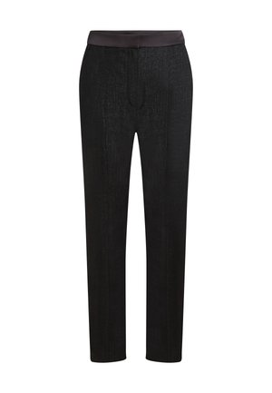 Black tailored trousers with a smooth waistband, straight-leg design, and subtle texture pattern. Suitable for formal or casual wear.