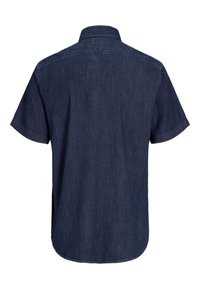 Chemise en denim bleu foncé à manches courtes, avec col, couture visible au dos et ourlet arrondi, vue de dos.
