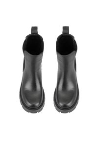 Schwarze Leder-Ankle-Boots mit glatter Textur, runden Zehen, elastischen Seitenpanelen und Gummisohlen. Die Draufsicht zeigt das Design und die Struktur.