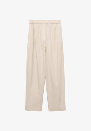 Beige, wide-legged cropped pants with an elastic waistband and front pockets displayed against a white background.