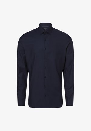 Dunkelblaues langärmliges Herrenhemd mit spitzem Kragen und vorderem Knopfverschluss, vor einem weißen Hintergrund präsentiert.