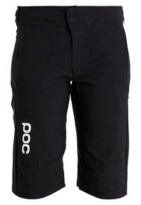 Černé cyklistické šortky z odolné látky s výrazným střihem, dvěma knoflíky v pase a bílým logem "POC" po straně.