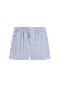 Boxer da uomo in azzurro chiaro con strisce verticali bianche. Vita elastica, chiusura frontale con bottoni e vestibilità ampia per il massimo comfort.