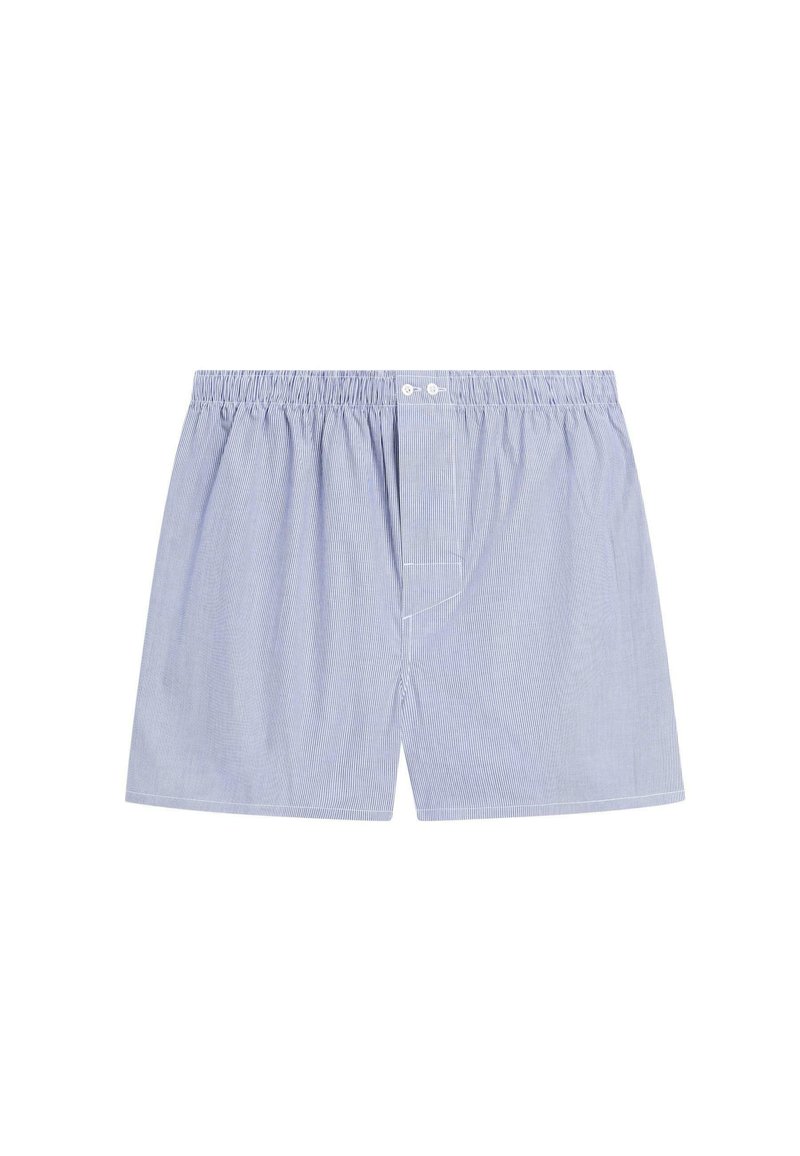 Boxer da uomo in azzurro chiaro con strisce verticali bianche. Vita elastica, chiusura frontale con bottoni e vestibilità ampia per il massimo comfort.