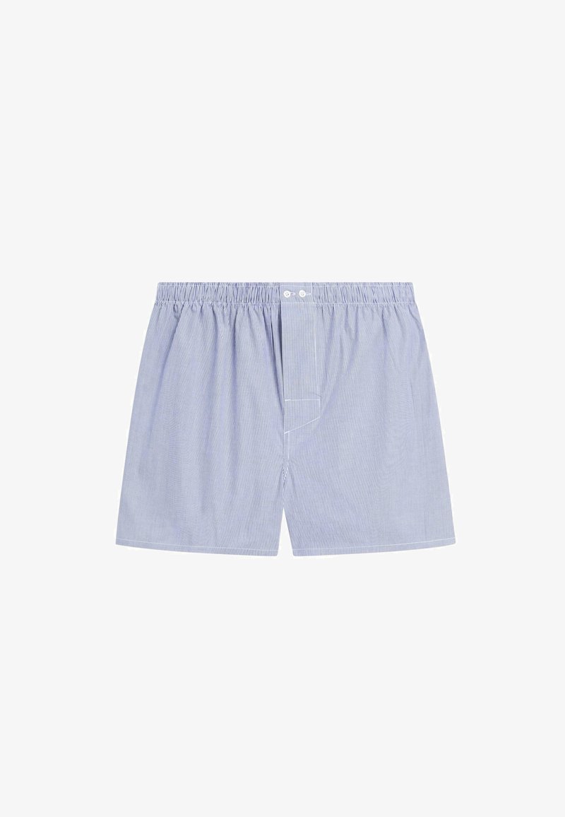 Boxer da uomo in azzurro chiaro con strisce verticali bianche. Vita elastica, chiusura frontale con bottoni e vestibilità ampia per il massimo comfort.