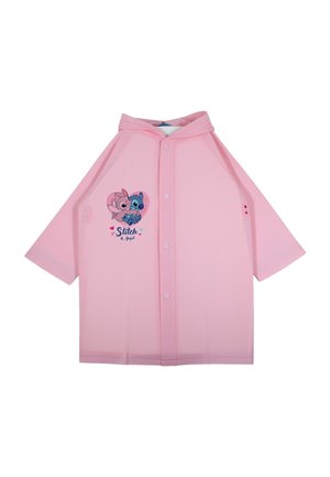Imperméable à capuche rose clair avec boutons, représentant les personnages de dessin animé Stitch et Angel ainsi que des cœurs pastel imprimés sur le côté gauche de la poitrine.