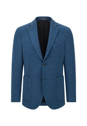 Blauw eenrijks herenjasje met twee voorzakken, opstaande revers en twee zwarte knopen, weergegeven op een witte achtergrond.