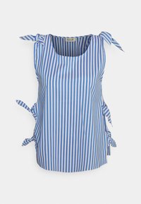 Top sem mangas azul e branco às riscas, com decote quadrado e detalhes de laço nos ombros e laterais. Textura de tecido suave.