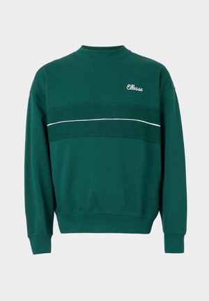 Zöld crewneck pulóver bordázott mandzsettával és aljjal, vízszintes textúrázott csíkkal és a "Ellesse" logóval a bal felső mellrészen.