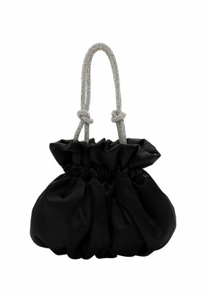 Sort satin taske med rynket effekt, snørelukning øverst og to knyttede sølvfarvede rebhåndtag.