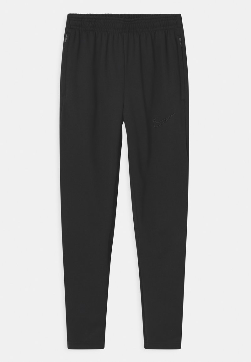 Black tapered athletic pants with elastic waistband, zippered side pockets, and subtle Nike logo on right thigh.