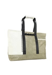 Borsa a tracolla bicolore beige e bianca con manici neri, impugnatura imbottita con coordinate, testo #WEARINDEPENDENT e piccolo logo "STRELLSON".