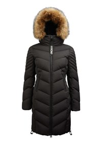 Schwarzer Steppmantel mit Chevron-Design, ausgestattet mit abnehmbarem Pelzkapuze, Reißverschluss und zwei seitlichen Reißverschlusstaschen.