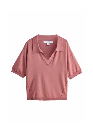 Short-sleeve, v-neck top in dusty pink, made of a soft knit fabric. Features a relaxed fit and ribbed cuffs and hem.
