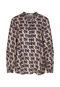 Blouse à manches longues en beige avec un motif géométrique bleu marine et crème, dotée d'un col rond et d'une patte de boutonnage à l'avant.