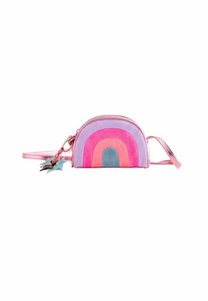 Rainbow-shaped bag in pink, lavender, and blue, with a soft texture, zipper closure, and decorative star keychain.