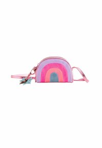 Torebka w kształcie tęczy w kolorach różowym, lawendowym i niebieskim, o miękkiej fakturze, z zamkiem błyskawicznym i dekoracyjnym brelokiem w kształcie gwiazdki.