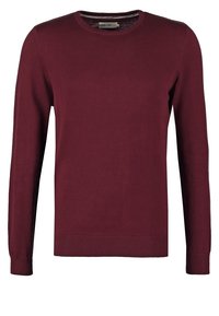 Burgunderfarbener Rundhalsausschnitt-Pullover aus weichem Stoff, mit langen Ärmeln und gerippten Bündchen und Saum. Einfaches Design ohne sichtbare Muster.