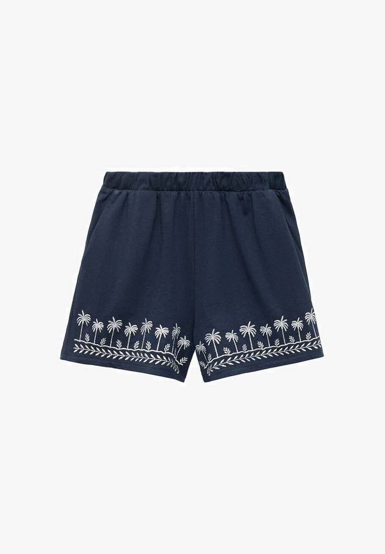 Navy shorts made of soft fabric with an elastic waistband, featuring white palm tree and leaf embroidery along the hem.