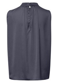 Bezrukává tmavě modrá blůza s klíčovou dírkou na zádech, kulatým výstřihem a jemnou, hladkou texturou látky. Jednoduchý a volný střih.