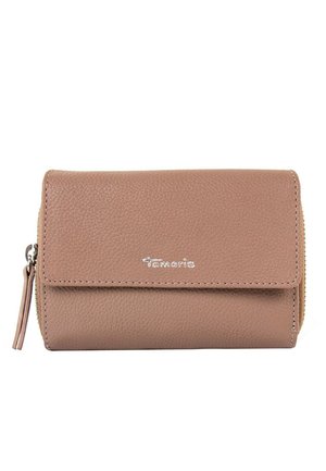 Brown textured leather wallet with a flap closure, silver logo, and zippered pocket. Compact rectangular shape with stitching details.