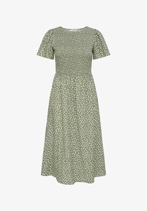 Zelené midi šaty s bílými puntíky, krátkými nabíranými rukávy, nařaseným pružným živůtkem a nařasenou sukní.
