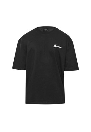 Camiseta de algodón negra con un corte relajado, mangas cortas, escote redondo y un pequeño logo blanco de "Dropsize" en el lado izquierdo del pecho.