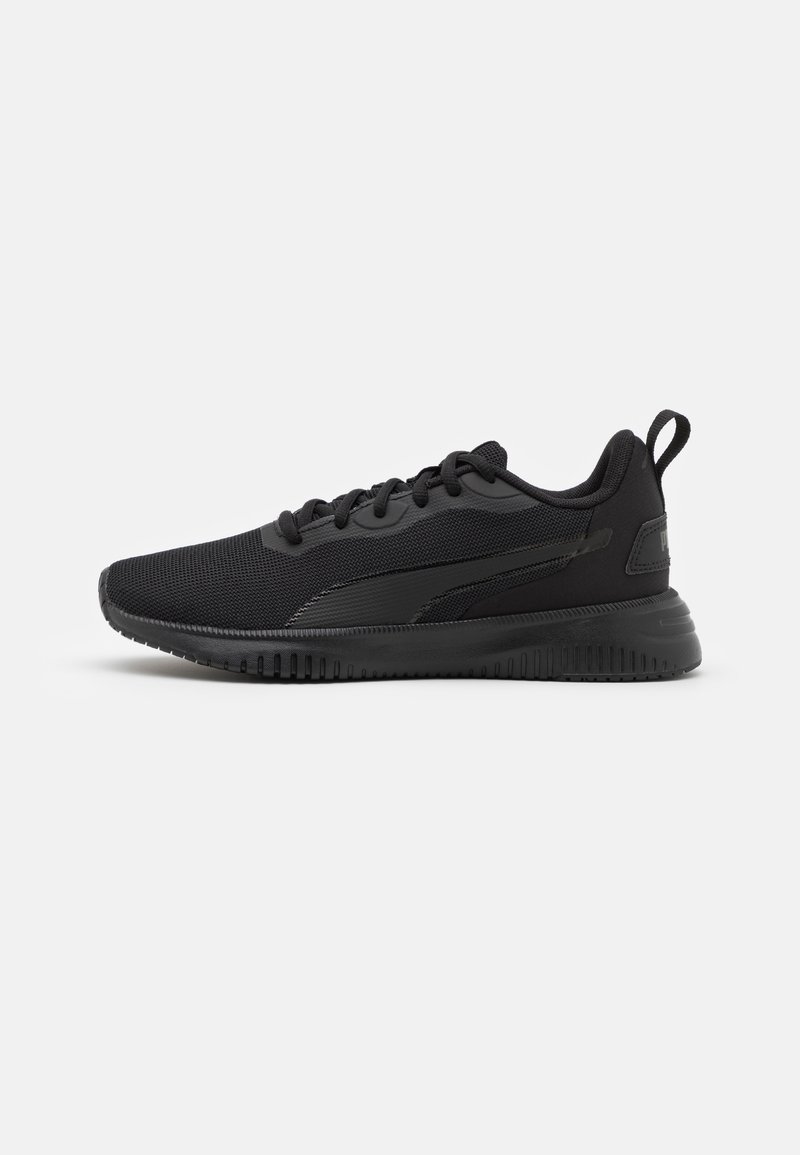Black athletic shoes featuring a mesh upper, padded collar, and rubber sole with traction grip. Minimal design with tonal accents.