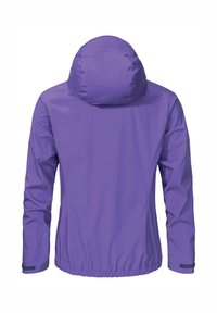 Lila wasserdichte Jacke mit Kapuze, featuring elastische Bündchen und Saum. Glatte Textur, entworfen für den Outdoor-Einsatz, ohne sichtbare Verschlüsse.