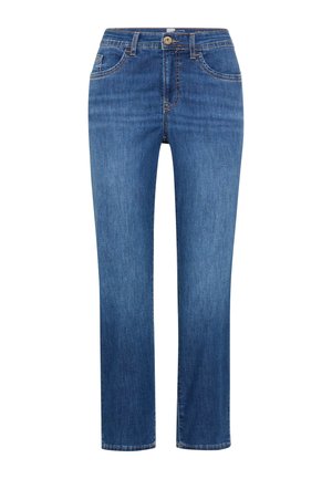 Jean denim bleu à jambes droites avec bouton frontal, fermeture éclair et poches à l'avant et à l'arrière.