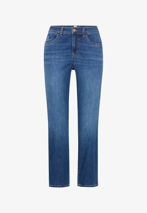 Jean denim bleu à jambes droites avec bouton frontal, fermeture éclair et poches à l'avant et à l'arrière.