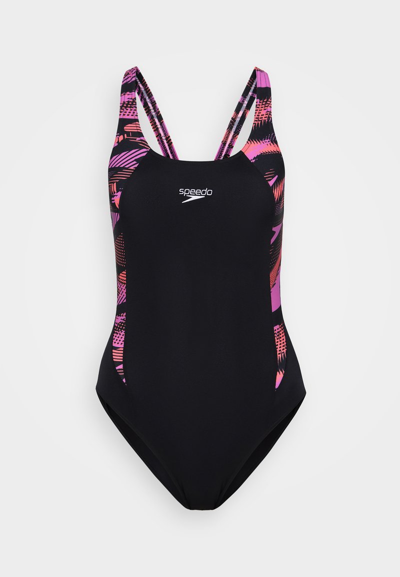 Costume da bagno nero con motivo astratto rosa e viola, dotato di spalline sottili e di un taglio sportivo. Realizzato in materiale elasticizzato e ad asciugatura rapida.