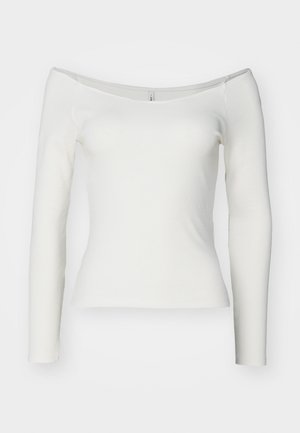 Top bianco a spalle scoperte con maniche lunghe realizzato in materiale a costine. Design aderente con una texture liscia e orlo dritto.