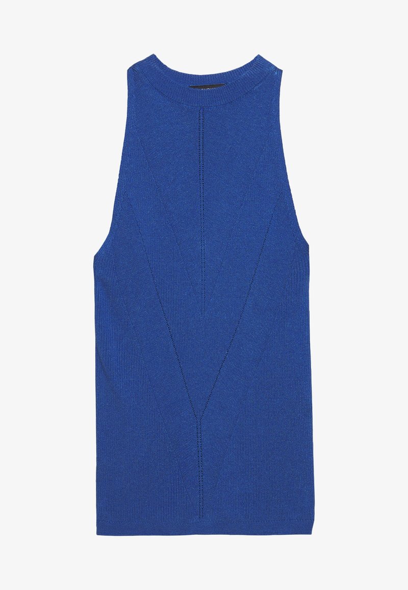 Haut sans manches bleu en maille avec un col rond haut et un motif subtil en forme de V sur le devant.
