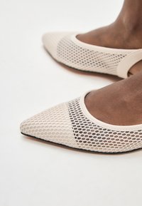 Ballerine beige in rete con punta affusolata, dotate di una parte superiore trasparente, tacco solido e suola nera, che mostrano un design strutturato e traspirante.