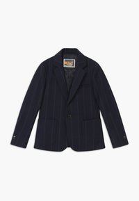 Granatowy żakiet w paski, z dwiema przednimi kieszeniami, pojedynczym zapięciem na guzik, klapami z wycięciem oraz gładką podszewką.