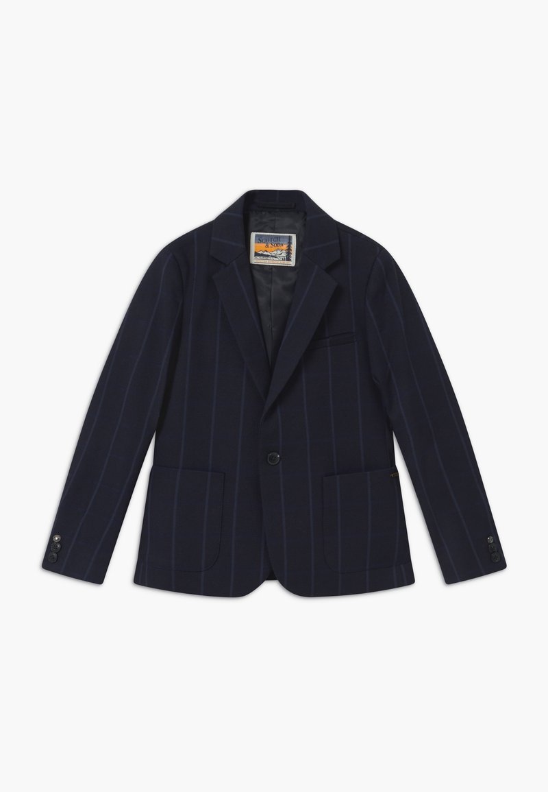 Granatowy żakiet w paski, z dwiema przednimi kieszeniami, pojedynczym zapięciem na guzik, klapami z wycięciem oraz gładką podszewką.