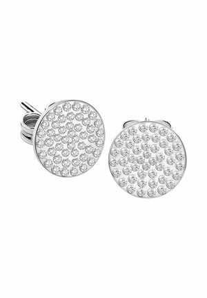 Runde sølv ørestikker med flere små klare krystaller arrangeret i et klynget mønster på forsiden.