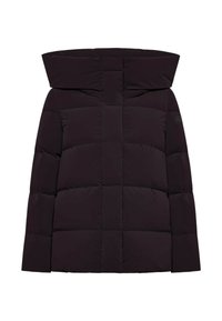 Giacca a vento nera con grande cappuccio, dotata di sezioni trapuntate distribuite uniformemente e chiusura frontale. Realizzata in un materiale liscio e resistente all'acqua.