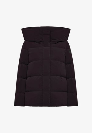 Giacca a vento nera con grande cappuccio, dotata di sezioni trapuntate distribuite uniformemente e chiusura frontale. Realizzata in un materiale liscio e resistente all'acqua.