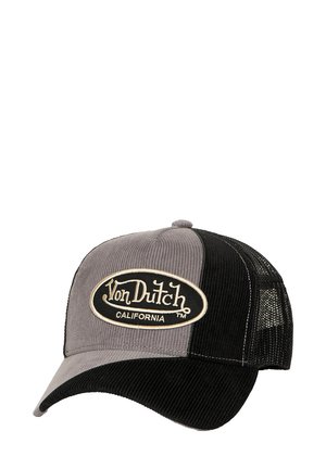Casquette en velours côtelé gris et noir avec un visière arrondie, un dos en maille et un grand patch brodé "Von Dutch California" à l'avant.