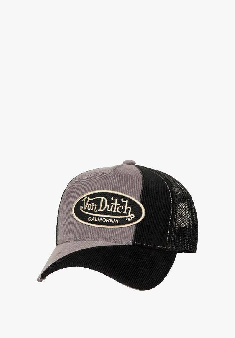 Casquette en velours côtelé gris et noir avec un visière arrondie, un dos en maille et un grand patch brodé "Von Dutch California" à l'avant.