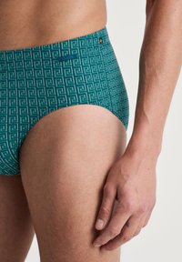 Grüne, gemusterte Schwimmbriefs mit geometrischem Druck, hohen Bund und weicher, strukturiertem Stoff. Enthält ein Markenlabel am Bund.