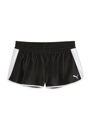 Zwarte sportshorts met witte zijpanelen, een elastische tailleband en een klein wit Puma-logo op het onderste rechterbeen.