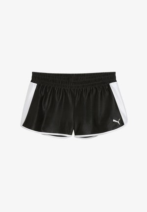 Schwarze Sportshorts mit weißen Seitenpaneelen, elastischem Bund und kleinem weißen Puma-Logo am unteren rechten Bein.